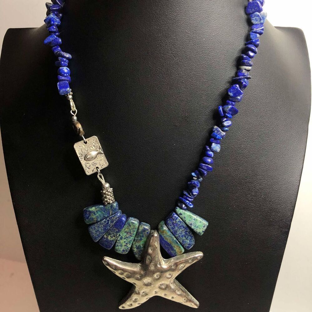 3511 Fetish Brand Lapis silvertone starfish pendant beachy statement necklace